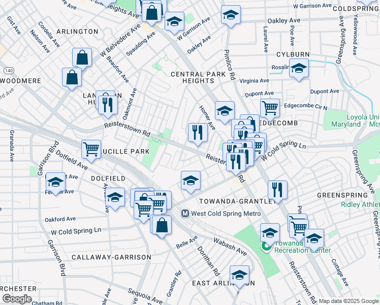 map of restaurants, bars, coffee shops, grocery stores, and more near 4616 Reisterstown Road in Baltimore