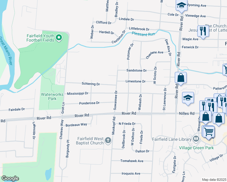 map of restaurants, bars, coffee shops, grocery stores, and more near 5462 Mississippi Drive in Fairfield