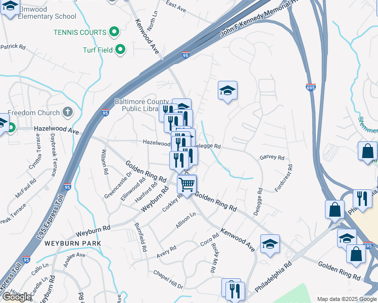 map of restaurants, bars, coffee shops, grocery stores, and more near in Rosedale