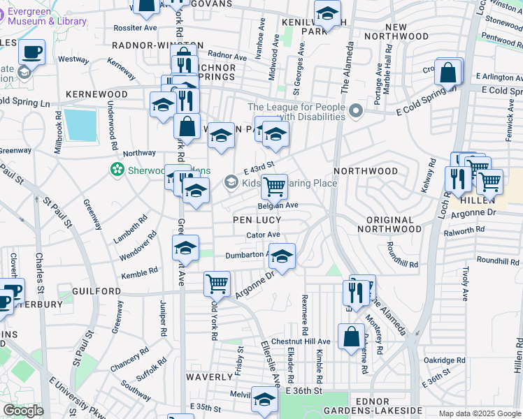 map of restaurants, bars, coffee shops, grocery stores, and more near 807 Belgian Avenue in Baltimore