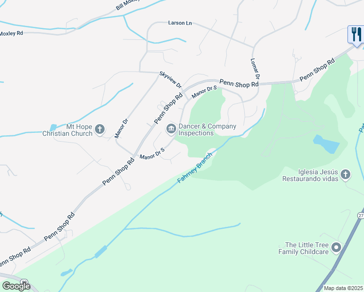 map of restaurants, bars, coffee shops, grocery stores, and more near 3861 Turf Court South in Mount Airy