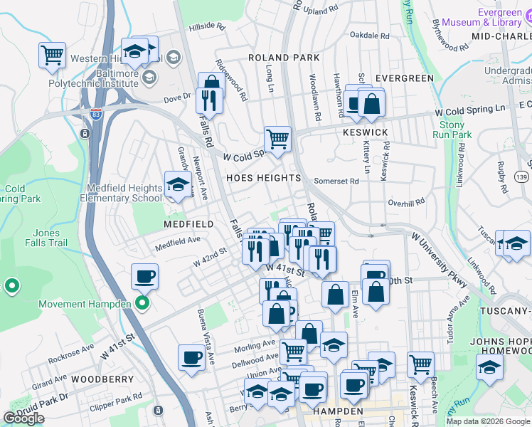 map of restaurants, bars, coffee shops, grocery stores, and more near 4233 Hickory Avenue in Baltimore