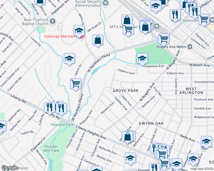 map of restaurants, bars, coffee shops, grocery stores, and more near 5644 Belle Avenue in Baltimore