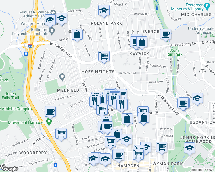 map of restaurants, bars, coffee shops, grocery stores, and more near 1002 West 43rd Street in Baltimore