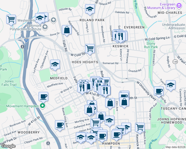 map of restaurants, bars, coffee shops, grocery stores, and more near 1002 West 43rd Street in Baltimore