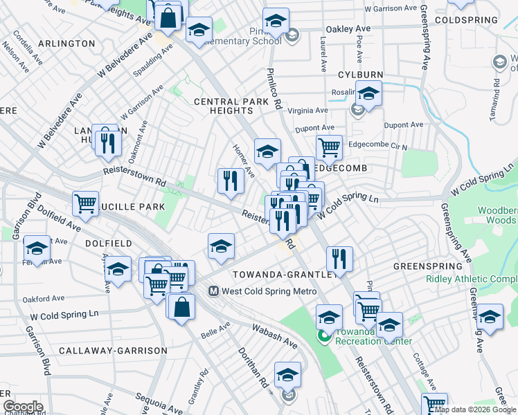 map of restaurants, bars, coffee shops, grocery stores, and more near 4518 Garden Drive in Baltimore