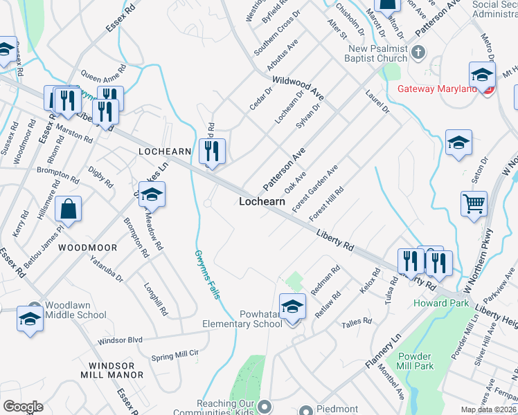 map of restaurants, bars, coffee shops, grocery stores, and more near 6513 Liberty Road in Baltimore