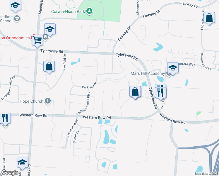 map of restaurants, bars, coffee shops, grocery stores, and more near 6751 Summer Field Dr in Mason