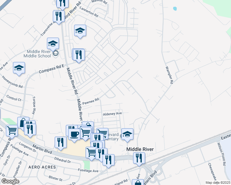 map of restaurants, bars, coffee shops, grocery stores, and more near 33 Taos Circle in Middle River