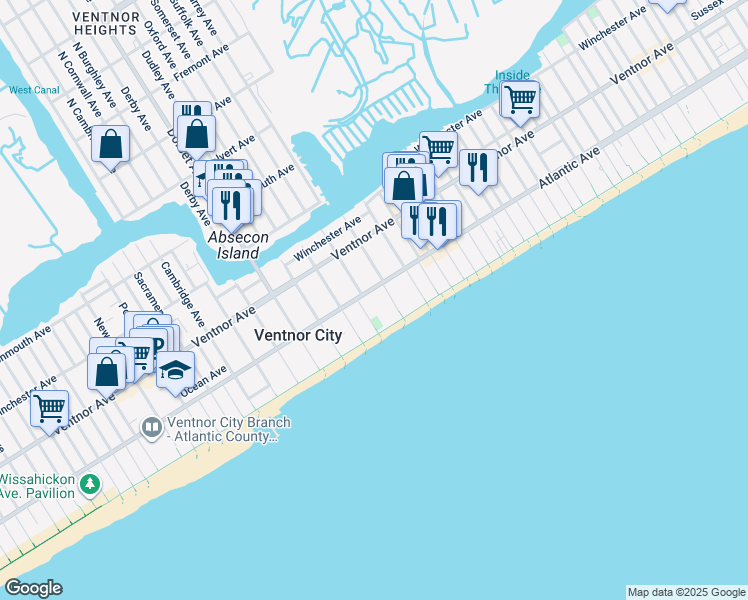 map of restaurants, bars, coffee shops, grocery stores, and more near 5600 Atlantic Avenue in Ventnor City