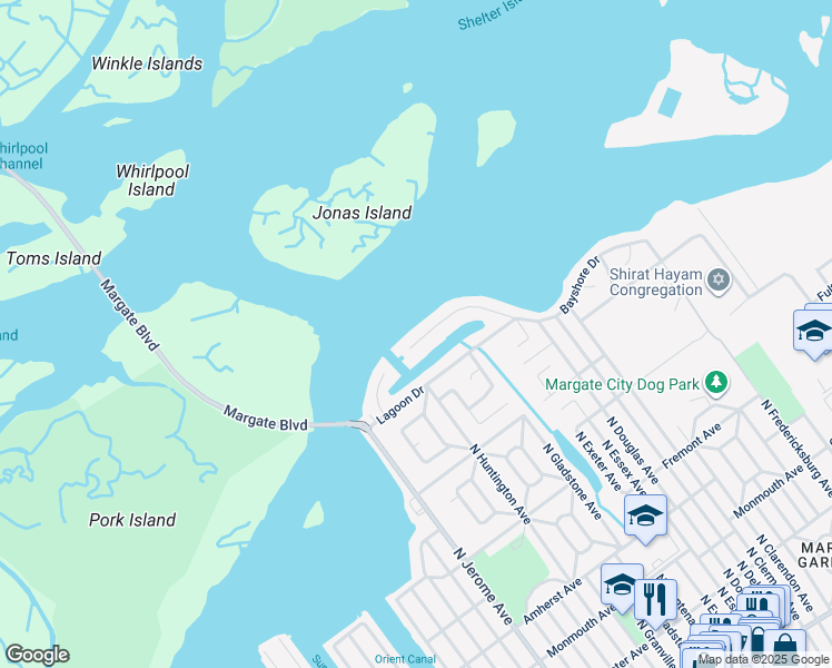 map of restaurants, bars, coffee shops, grocery stores, and more near 8103 Bayshore Drive in Margate City