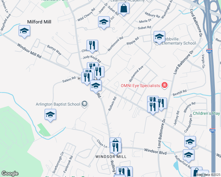 map of restaurants, bars, coffee shops, grocery stores, and more near 7342 Windsor Mill Road in Milford Mill