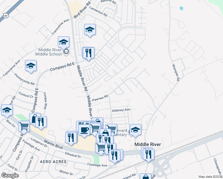 map of restaurants, bars, coffee shops, grocery stores, and more near 9 Pocasset Court in Middle River