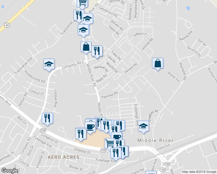 map of restaurants, bars, coffee shops, grocery stores, and more near 515 Middle River Road in Middle River