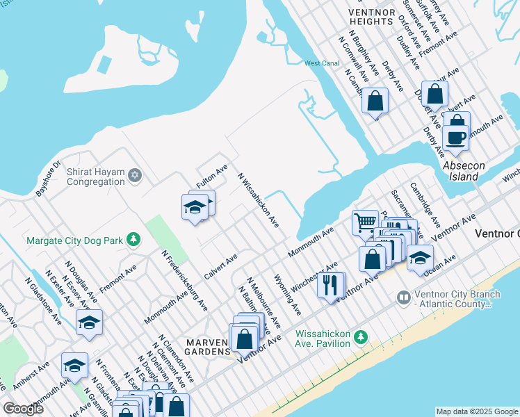 map of restaurants, bars, coffee shops, grocery stores, and more near 228 North Wissahickon Avenue in Ventnor City
