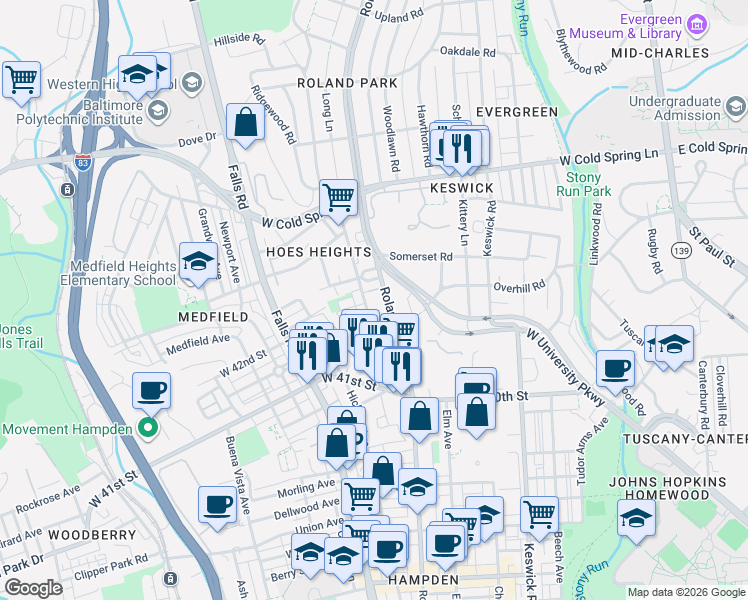 map of restaurants, bars, coffee shops, grocery stores, and more near 4202 Roland Avenue in Baltimore