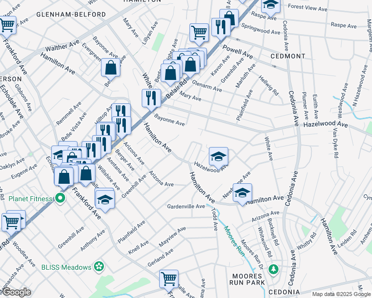 map of restaurants, bars, coffee shops, grocery stores, and more near 5704 Anthony Avenue in Baltimore