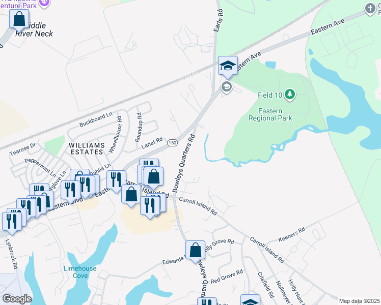 map of restaurants, bars, coffee shops, grocery stores, and more near 17 Bowleys Quarters Road in Middle River