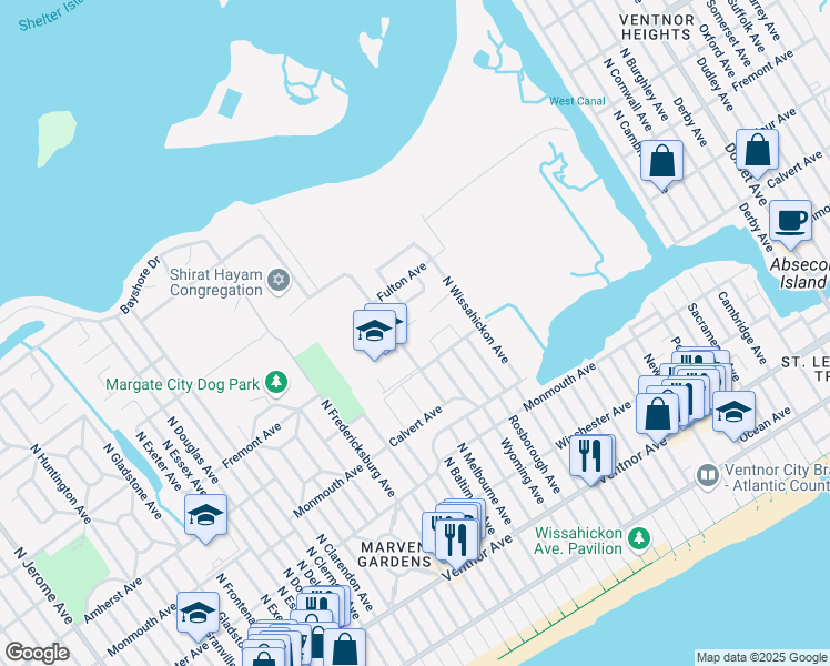 map of restaurants, bars, coffee shops, grocery stores, and more near 401 North Lafayette Avenue in Ventnor City