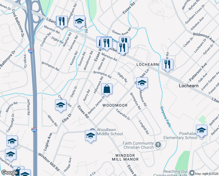 map of restaurants, bars, coffee shops, grocery stores, and more near 3210 Betlou James Place in Baltimore