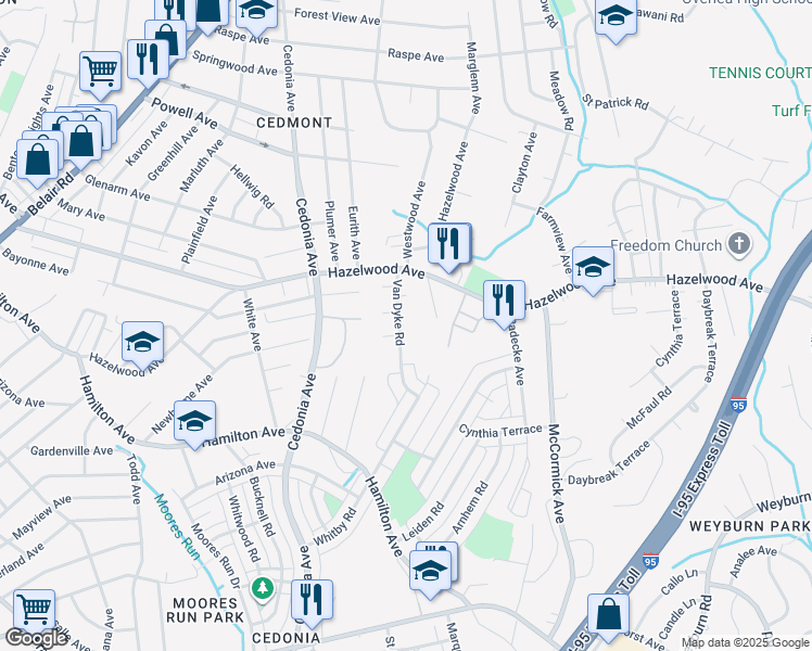 map of restaurants, bars, coffee shops, grocery stores, and more near 5739 Van Dyke Road in Baltimore