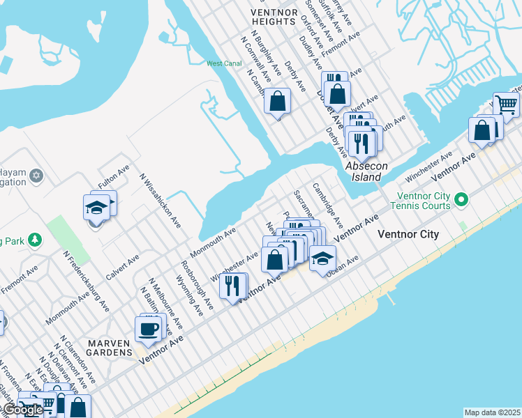 map of restaurants, bars, coffee shops, grocery stores, and more near 6429 Monmouth Avenue in Ventnor City