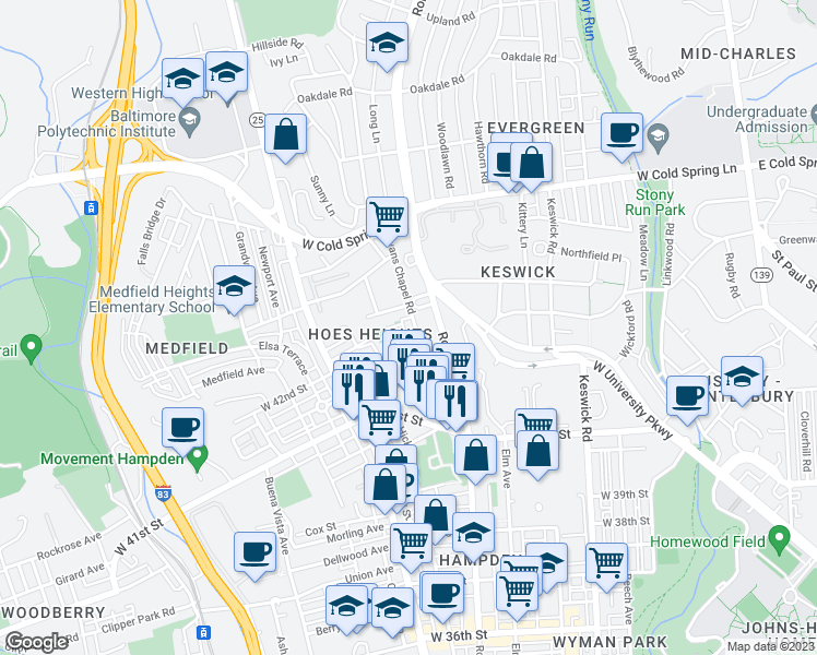 map of restaurants, bars, coffee shops, grocery stores, and more near 4230 Evans Chapel Road in Baltimore