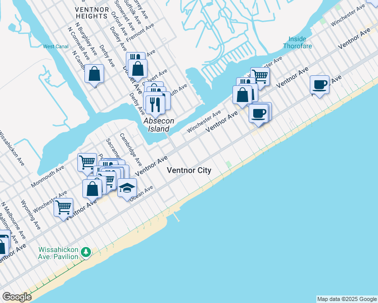 map of restaurants, bars, coffee shops, grocery stores, and more near 8 South Dudley Avenue in Ventnor City