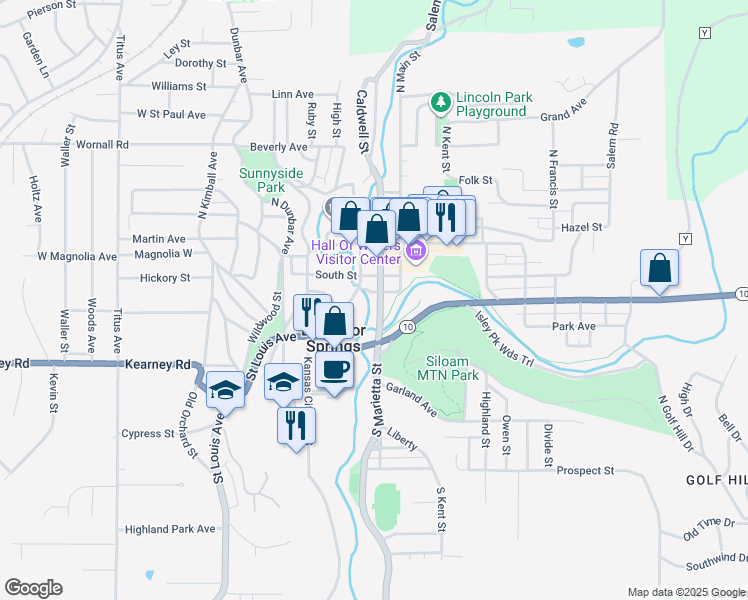map of restaurants, bars, coffee shops, grocery stores, and more near 414 South Marietta Street in Excelsior Springs