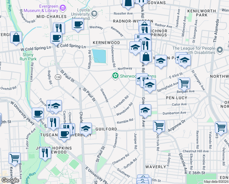 map of restaurants, bars, coffee shops, grocery stores, and more near 204 East Highfield Road in Baltimore