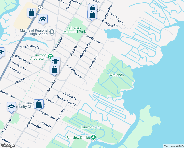 map of restaurants, bars, coffee shops, grocery stores, and more near 1407 Franklin Boulevard in Linwood