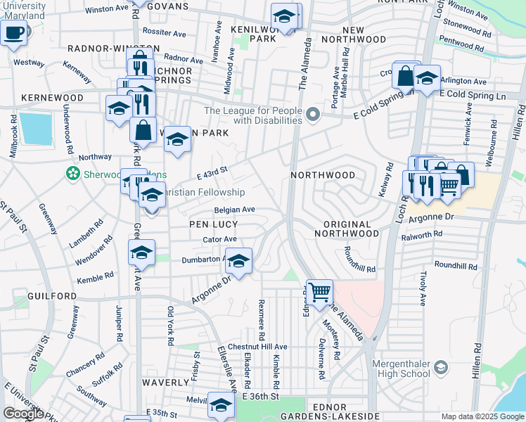 map of restaurants, bars, coffee shops, grocery stores, and more near 913 Belgian Avenue in Baltimore