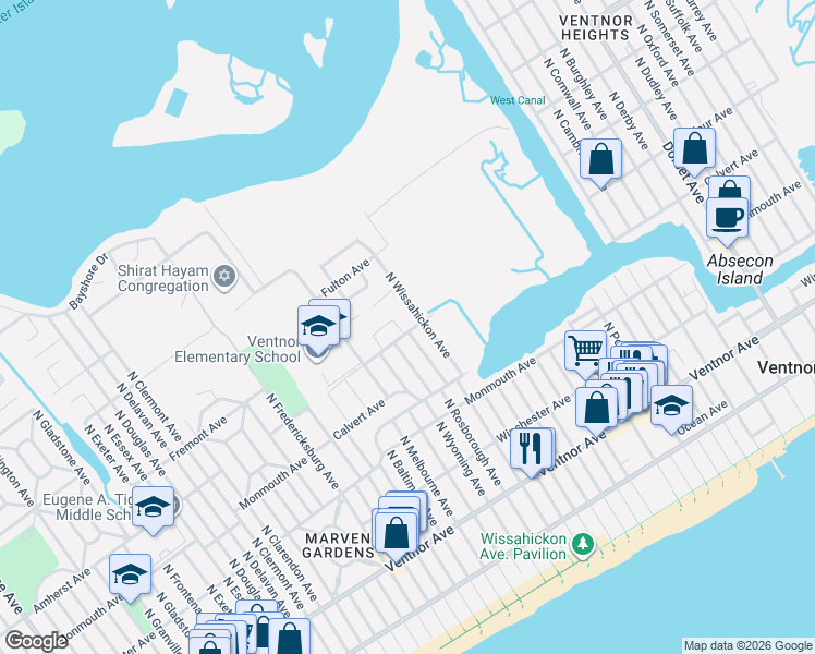 map of restaurants, bars, coffee shops, grocery stores, and more near 228 North Wissahickon Avenue in Ventnor City