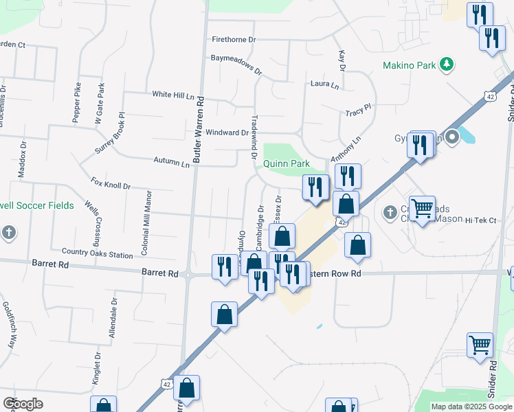 map of restaurants, bars, coffee shops, grocery stores, and more near 937 Cambridge Drive in Mason