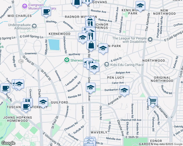 map of restaurants, bars, coffee shops, grocery stores, and more near 4201 York Road in Baltimore