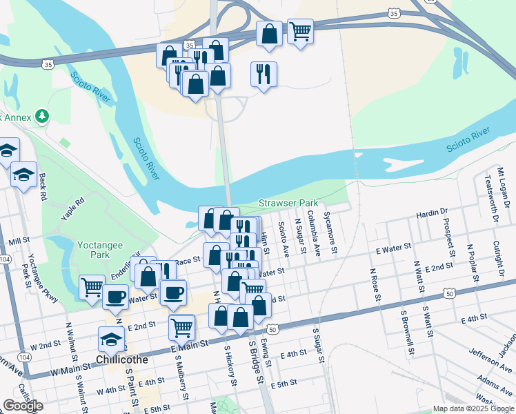 map of restaurants, bars, coffee shops, grocery stores, and more near 329 Riverside Street in Chillicothe