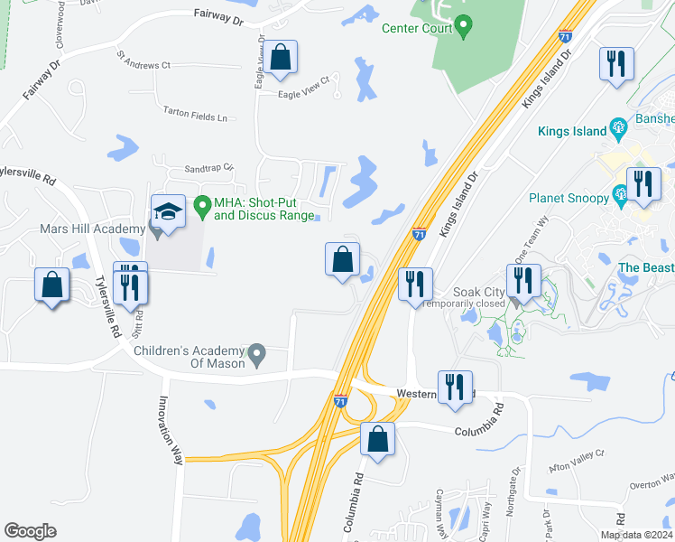 map of restaurants, bars, coffee shops, grocery stores, and more near 6800 Cintas Boulevard in Mason