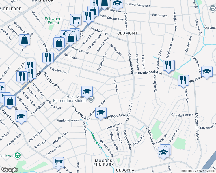 map of restaurants, bars, coffee shops, grocery stores, and more near 4705 Bayonne Avenue in Baltimore