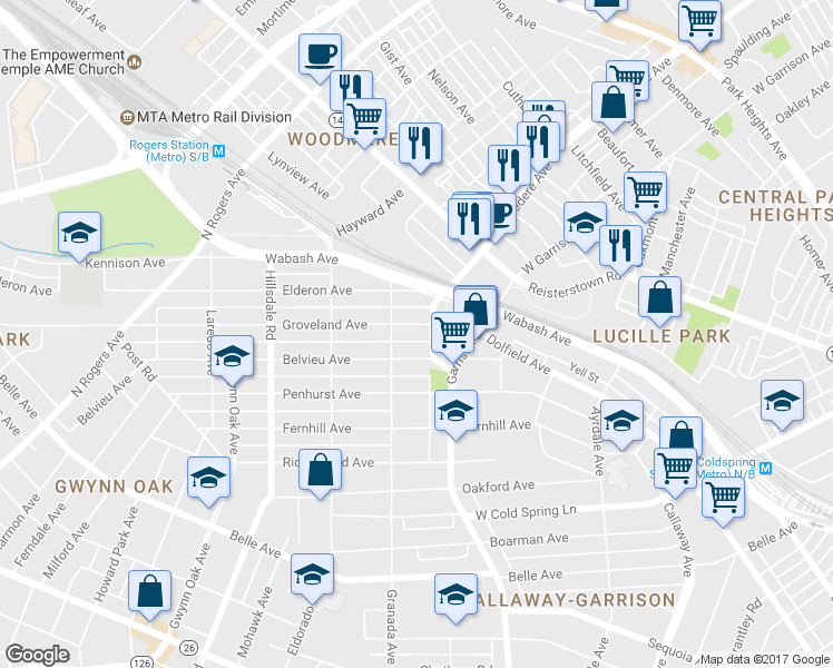 map of restaurants, bars, coffee shops, grocery stores, and more near 4003 Groveland Avenue in Baltimore
