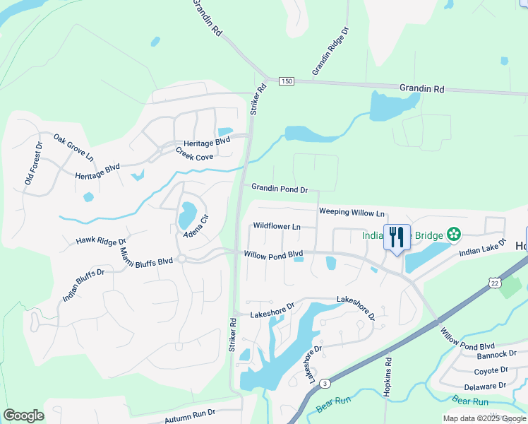 map of restaurants, bars, coffee shops, grocery stores, and more near 1059 Weeping Willow Lane in Maineville