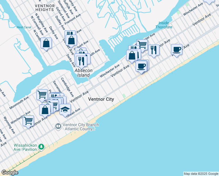 map of restaurants, bars, coffee shops, grocery stores, and more near 10 South Oxford Avenue in Ventnor City