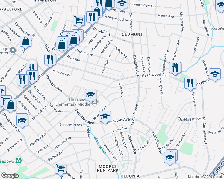map of restaurants, bars, coffee shops, grocery stores, and more near 4705 Bayonne Avenue in Baltimore
