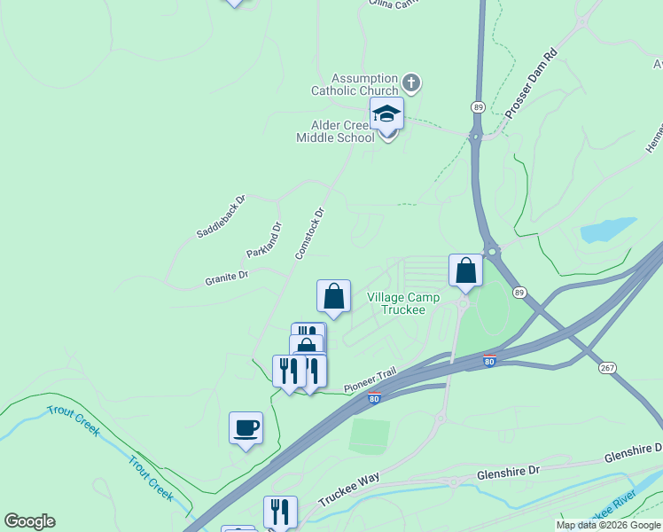 map of restaurants, bars, coffee shops, grocery stores, and more near 11114 Comstock Place in Truckee
