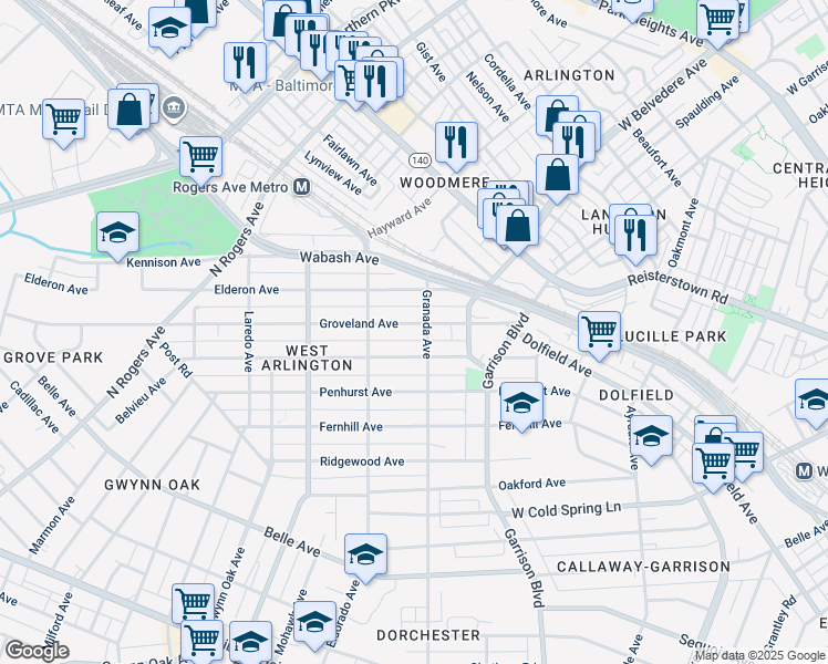 map of restaurants, bars, coffee shops, grocery stores, and more near 4103 Groveland Avenue in Baltimore