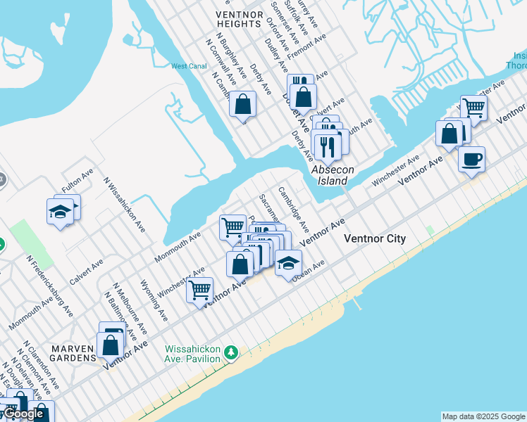 map of restaurants, bars, coffee shops, grocery stores, and more near 105 North Sacramento Avenue in Ventnor City