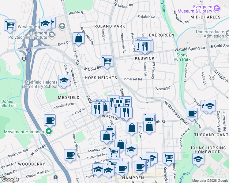 map of restaurants, bars, coffee shops, grocery stores, and more near 5124 Campbell Boulevard in Nottingham