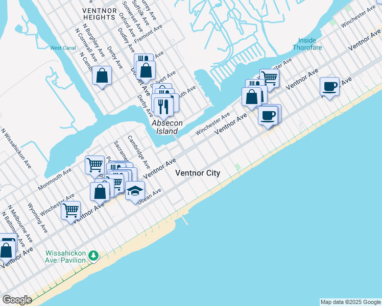 map of restaurants, bars, coffee shops, grocery stores, and more near 8 South Dudley Avenue in Ventnor City
