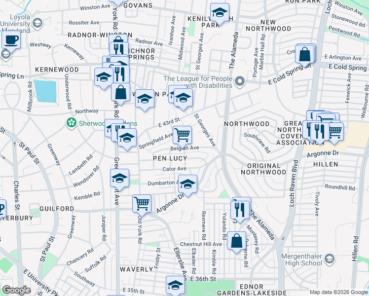 map of restaurants, bars, coffee shops, grocery stores, and more near Belgian Avenue in Baltimore