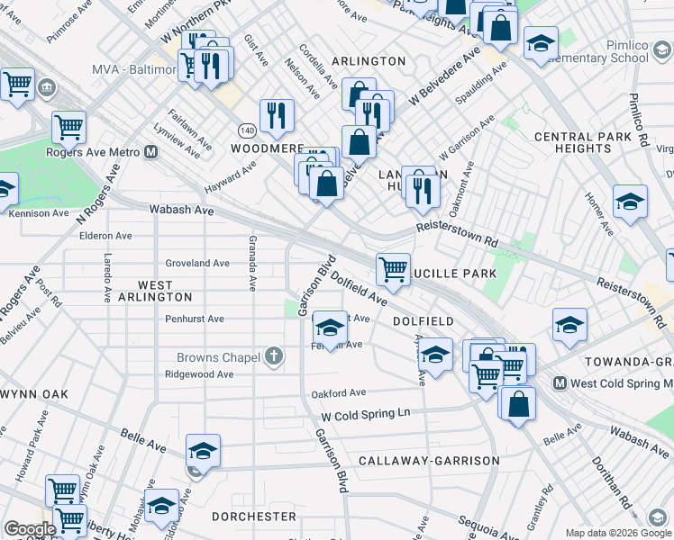 map of restaurants, bars, coffee shops, grocery stores, and more near 3964 Dolfield Avenue in Baltimore