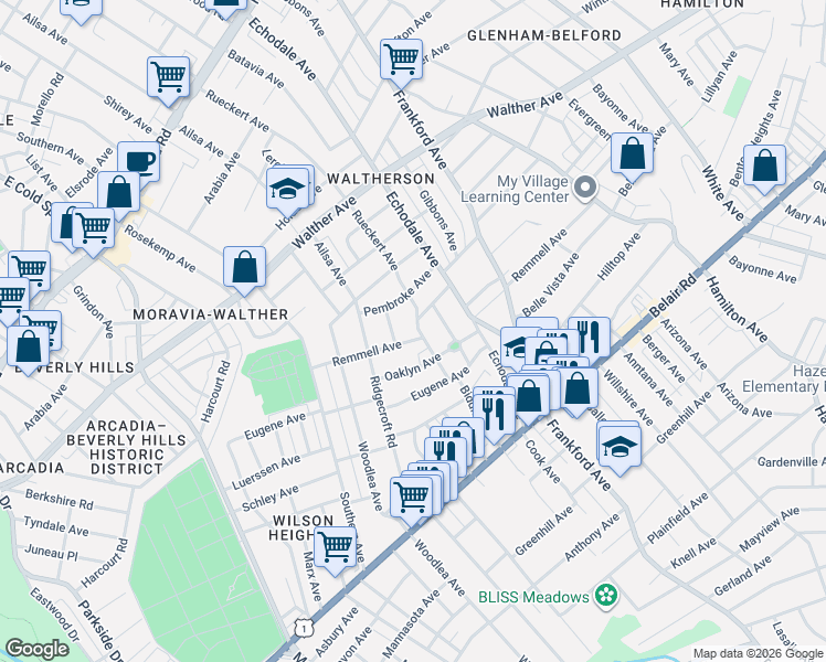 map of restaurants, bars, coffee shops, grocery stores, and more near 3803 Biddison Lane in Baltimore
